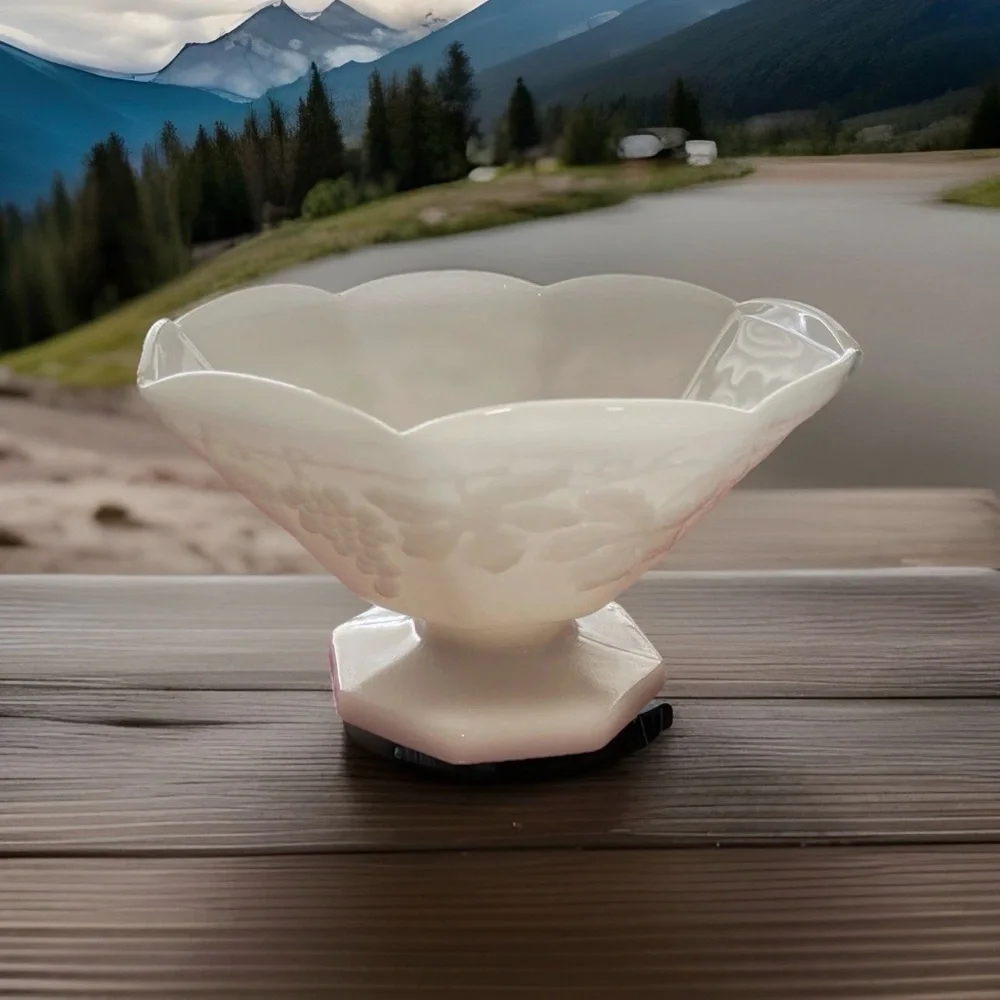 Milk Glass Fruit Bowl Pedestal Footed Grapevine Design Octogonal Shape Vintage
